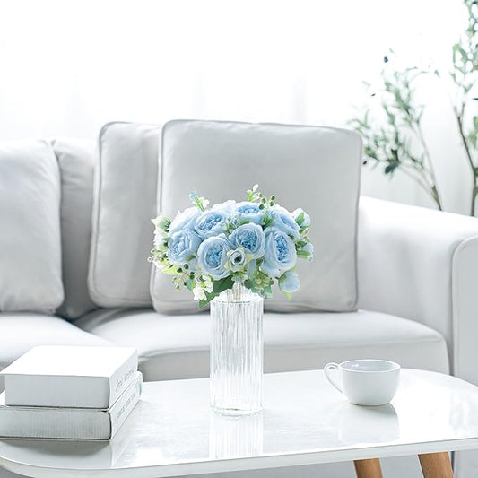Mkono Peonies Artificial Flowers, Small Silk Flowers for Home Decor Indoor Fake Bouquet Faux Floral Arrangements Dining Table Centerpieces for Kitchen Bridal Wedding Party Decor Blue