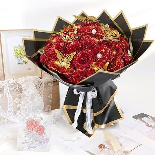 Red Glitter Roses Bouquet, 24 Pcs Shiny Glitter Flowers Bouquet, Everlasting DIY Artificial Roses Bouquet for Christmas, Birthday, Anniversary, Wedding, Engagement