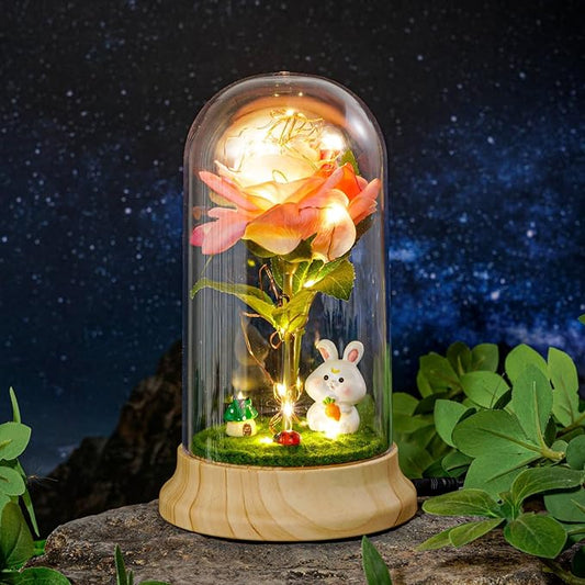 Pink Roses from Daughter for Mom Mothers Day, Beauty and The Beast Rose, with LED Light Up Rose in Dome, for Wife Grandma Christmas Day Valentine Day Birthday for Her Gift (1 Pink Rabbit)