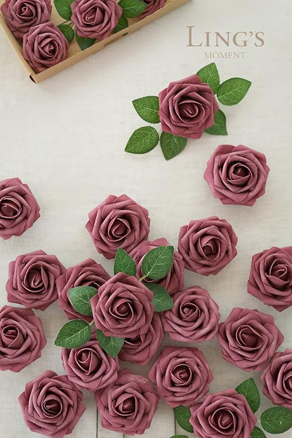 Ling's moment Artificial Flowers 25Pcs Mauve Roses Decor w/Stems,3" Real Touch DIY Foam Floral for Wedding Bouquet/Centerpieces, Outdoors Party Backdrop, Room/Table, and Garden/Pot Decorations