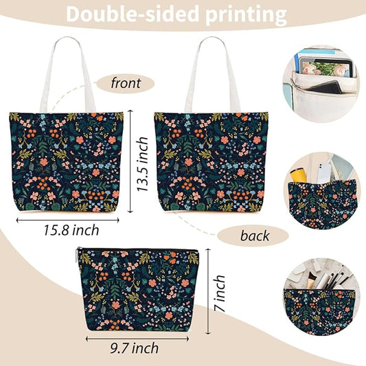 Aesthetic Floral Tote Bag Makeup Bag Flower Decor Gifts for Girls Christmas Shopping Grocery Bags Cosmetic Bags