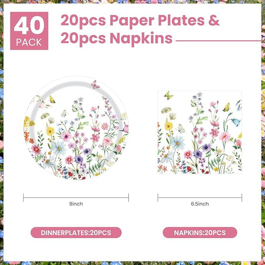 40 Pcs Wildflower Plates and Napkins Party Supplies, Floral Paper Plates Napkins Wildflower Baby Shower Decorations Tableware for Spring Summer Picnic Wedding Birthday Tea Party Serves 20
