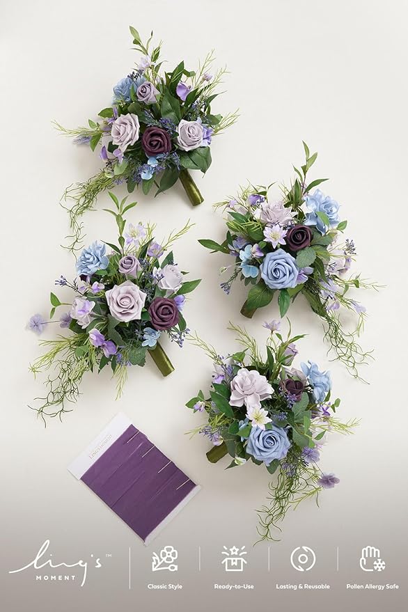 Ling's moment Ethereal Purple Bridesmaid Bouquet Set of 4, Purple Wedding Bouquets for Bridesmaids, 7 Inch Bridal Bouquets for Bridesmaids, Wedding, Ceremony, Anniversary, etc.