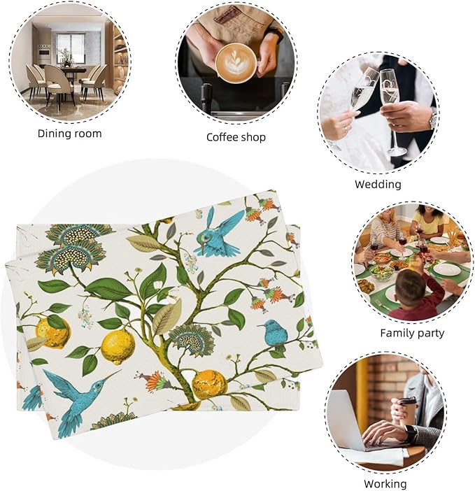 Lemon Linen Placemats Set of 6 Retro Plant Bird Print Placemats for Indoor Outdoor Party Home Desktop Kitchen Dining Room Decor 12x18 Inch