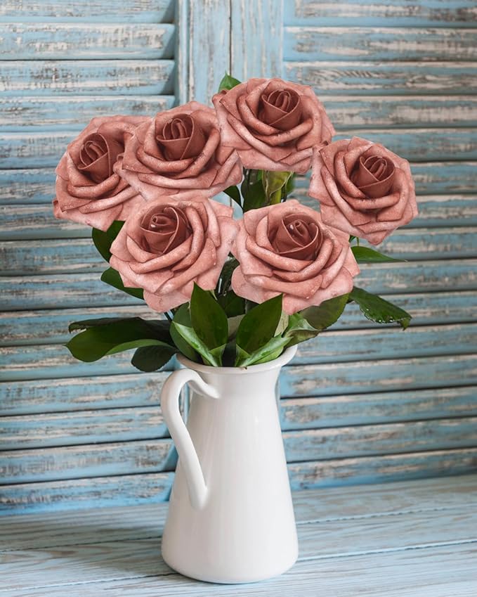 JOYLEX 50PCS Warm Taupe Artificial Flowers Realistic Roses, Real Looking Fake Roses with Stem for DIY Wedding Bouquets Centerpieces Bridal Shower Party Home Romantic Decorations (Warm Taupe, 50pcs)