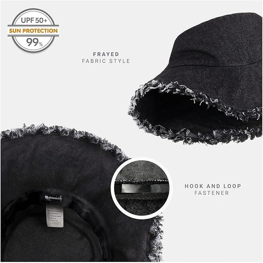 CHOK.LIDS Frayed Bucket Hats for Women Men Unisex Trendy Washed Cotton Floppy Wide Brim Boonie Outdoor Summer Beach Headwear