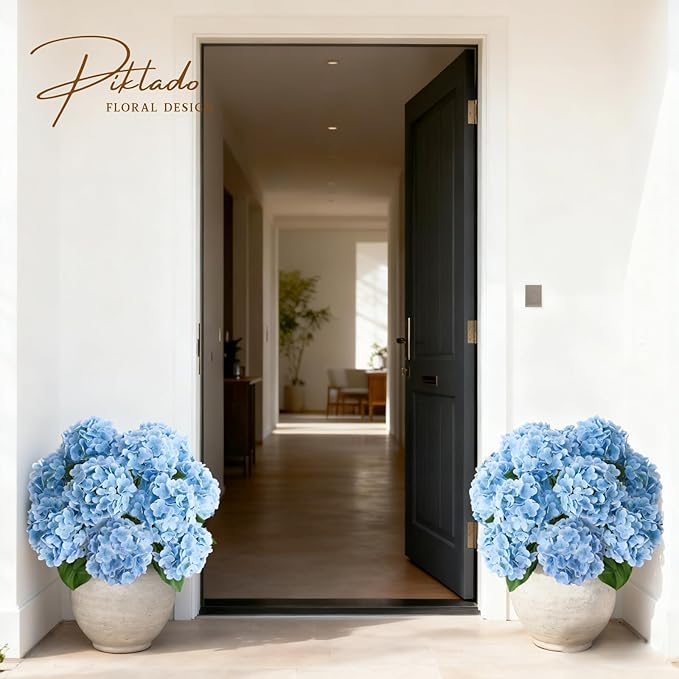 A Bunch 21in, Real Touch Hydrangea Artificial Flowers, with 10pcs Flower Head 20pcs Leaves, Faux Hydrangea Flowers for Home Office Decor Wedding Party Arrangements (2, Blue)
