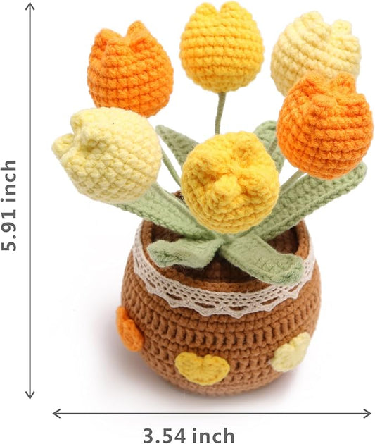 Handmade Tulips, Hand-Woven Flowers, Crocheted Tulips, Artificial FlowersTulipsBirthday Gifts for Family and Girlfriends, Home Office Decoration, Graduation Anniversary (6 Flowers-Yellow)