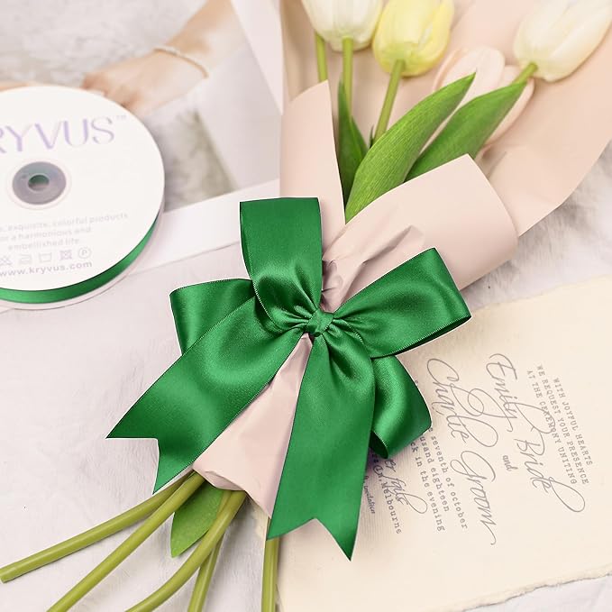 Green Satin Ribbon, Double Faced 1-1/2 Inch X 25 Yards Green Ribbon, Premium Satin Ribbon for Gift Wrapping, Crafts, Hair Bow Making, Sewing, Flower Bouquet, Wedding Party Decor