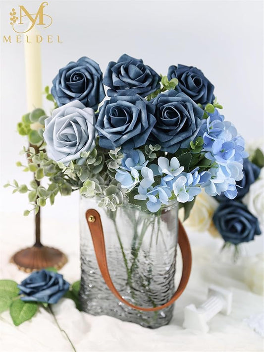 Meldel Artificial Flowers 50pcs Real Looking Dutch Blue Dusty Blue Foam Fake Roses with Stems for DIY Wedding Bouquets Bridal Shower Centerpieces Floral Arrangements Home Decorations Crafts Gifts