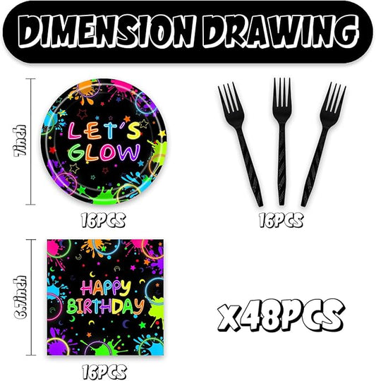 48pcs Neon Party Decoration Set,16 Dessert plate,16 Napkin And 16 Fork,16 persons Disposable tableware,Used Let Glow Birthday Party Supplies