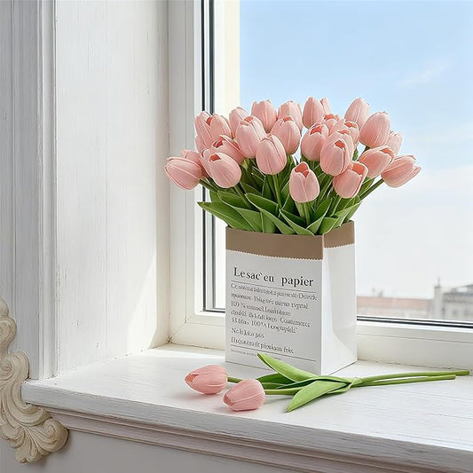 Pink Faux Tulips (20 Pcs) - Premium PU Artificial Flowers for Christmas & Thanksgiving Table Setting, Winter DIY Home Decor - 13.5" Real Touch