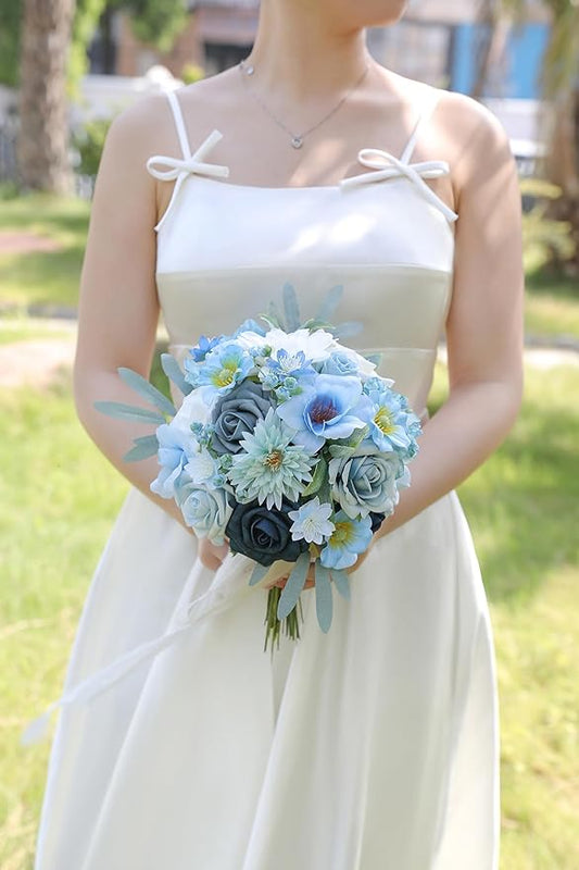 Artificial Flowers Blue Box Set for DIY Bridal Bouquets Wedding Shower Decorations Fake Floral Arrangements for Party Table Centerpieces Home Decor Indoor Outdoor