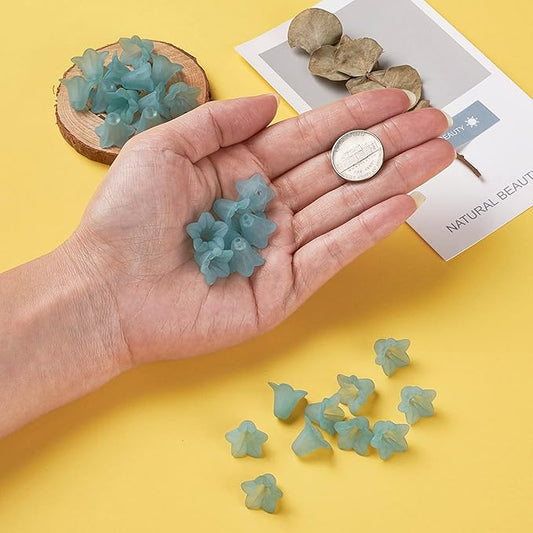 Crafans 50Pcs Frosted Acrylic Flower Beads 17.5x12x1.5mm Transparent Floral Pendants Clear Flower Bead Caps Loose End Spacer Beads for Jewelry Making (Light Cyan)