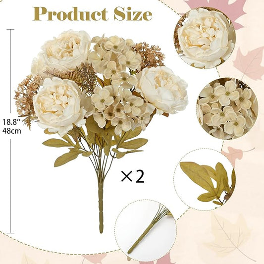 Hollyone 2Pcs Artificial Fall Flowers Bouquet 18.8" White Dried Peony Hydrangea Fake Fall Floral Silk Flowers Autumn Faux Flower Arrangement for Home Wedding Table Centerpiece Thanksgiving Party Decor