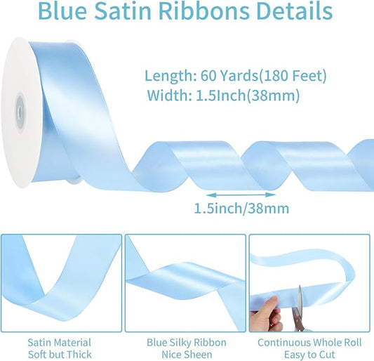 Blue Ribbon 1 1/2 Inch 60 Yards Light Baby Blue Satin Ribbon for Baby Bridal Shower Nursery Party Decor Beach Wedding Bows Crafts Flower Bouquet Gift Wrapping Wreath Christmas
