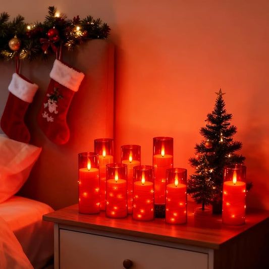 Flameless LED Candles with Timer 24 Pc Flickering Flameless Candles for Romantic Ambiance and Home Decoration Stable Acrylic Shell,with Embedded Star String,Battery Operated Candles(Red)