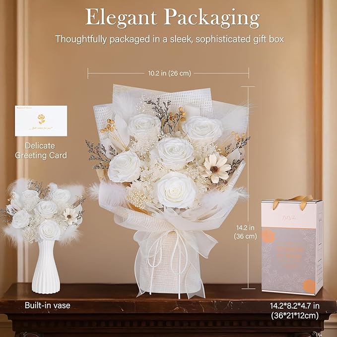 Preserved Bouquet of Flowers - 5 Roses & Flowers for Delivery, Real White Forever Flower, Eternal Roses Bouquet for Mothers, Mom, Wife Anniversary Birthday Gifts for Women