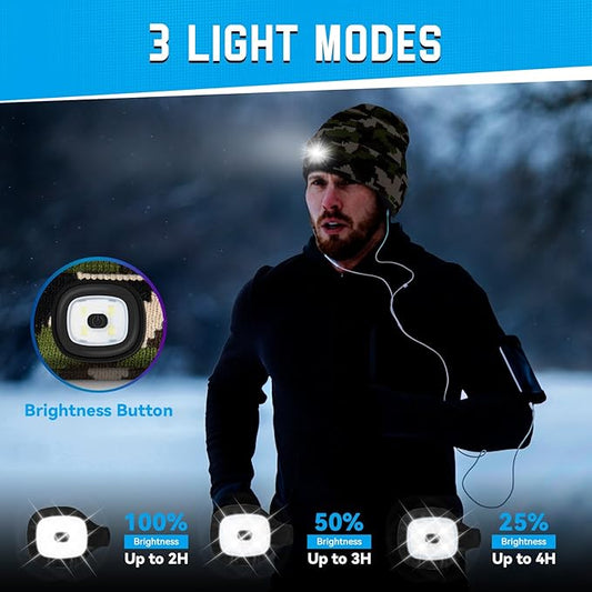 Christmas Stocking Stuffers for Men Adults, Beanie Hats with Light, USB Rechargeable LED Hand Free Headlamp, Birthday Gifts for Men, Women, and Teens, Ideal for Camping, Hiking, Camouflage