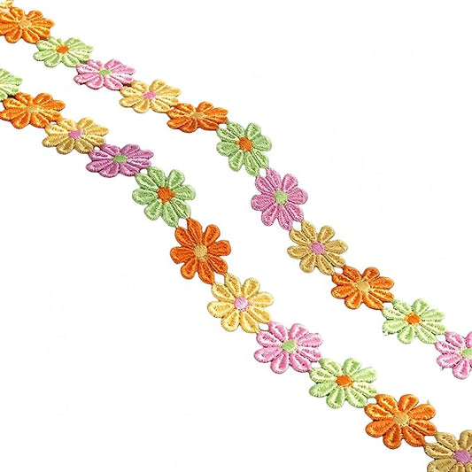 15 Yards Daisy Flower Lace Trim Embroidered Floral Lace Sewing Trim Ribbons for Embellishment Craft Dress Hair Accessories Decorations (Yellow/Pink/Green/Orange, 1" x 15 Yards)