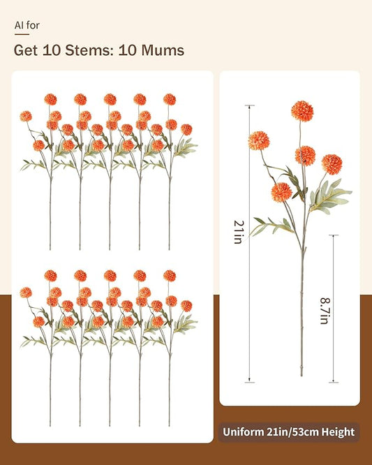 JAKY-Global Fall Flower Fake MUMS Artificial 10 Stems,Long Stems Silk Flowers Autumn Home Decor,Faux Floral Pompon Balls for Table Vase,Halloween Centerpieces,Wedding Arrangements