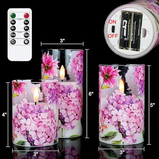 DRomance Pink Hydrangea Glass Flameless Candles with Remote Timer Battery Operated LED Pillar Candles Realistic 3D Wick Flickering Real Wax Wedding Dinner Holiday Decor Candle 3 x 4,5,6 Inches