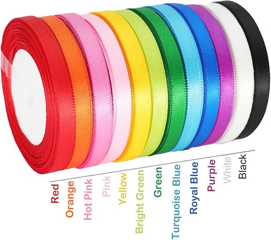 Multicolor Satin Ribbons for Crafting Rainbow Colorful Ribbon for Gift Wrapping Birthday Party Decorations, Double Face Thin Ribbon Hair Ribbons 12 Colours 1/4" X 10Yards Each Total 120 Yds