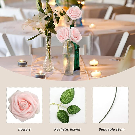 50PCS Artificial Flowers Blush Pink Roses Real Looking Foam Fake Roses with Leaves and for DIY Wedding Bouquets Bridal Shower Centerpieces Party Decorations (Blush Pink)