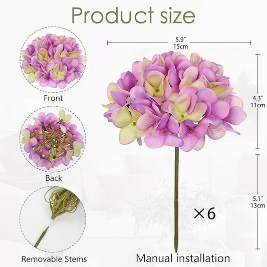 Hollyone 6 Pcs Purple Hydrangea Artificial Flowers Heads with Stems Silk Faux Hydrangea Purple Fake Flowers for Home Indoor Outdoor DIY Floral Wedding Flower Bouquets Kitchen Table Centerpiece Decor
