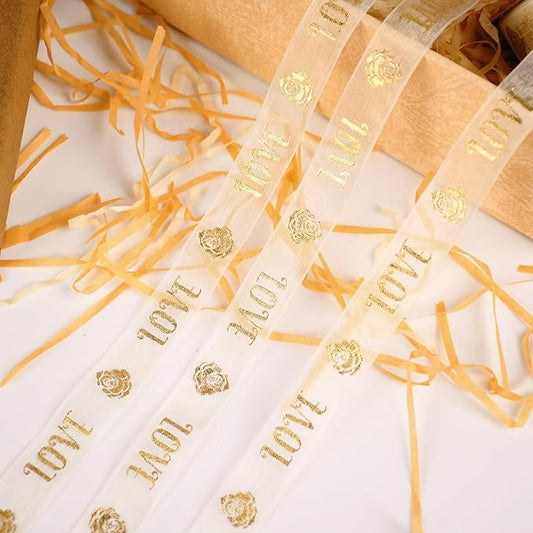 SAYUAN Gold Love Ribbon 5/8 Inch x 30 Yards Organza Ribbon with Gold Love Pattern for Valentine's Day Birthday Christmas Gift Wrapping Handmade Crafts Floral Bouquet Wedding Party Decoration