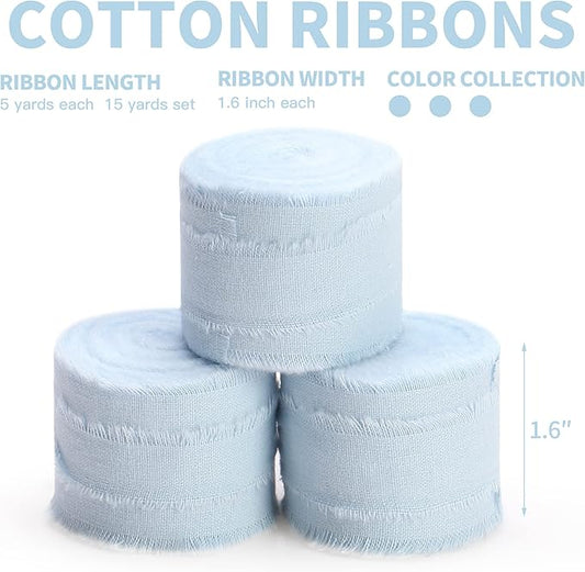 Blue Ribbon 1-1/2 x 15 Yards Handmade Cotton Frayed Fringe Fabric Ribbons for Crafts Flower Bouquets Wedding Baby Shower Home DIY Decor