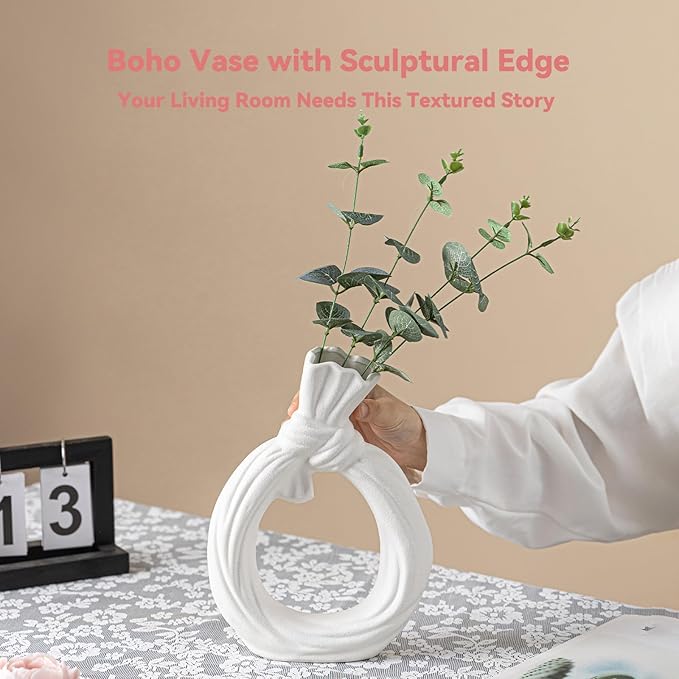 White Ceramic Vase with Knot & Loop Design - 10" Unique Flower Vase for Pampas Grass & Centerpieces, Decorative Boho/Farmhouse Vase for Living Room, Office Desk & Housewarming Gift (for Her/Yourself)