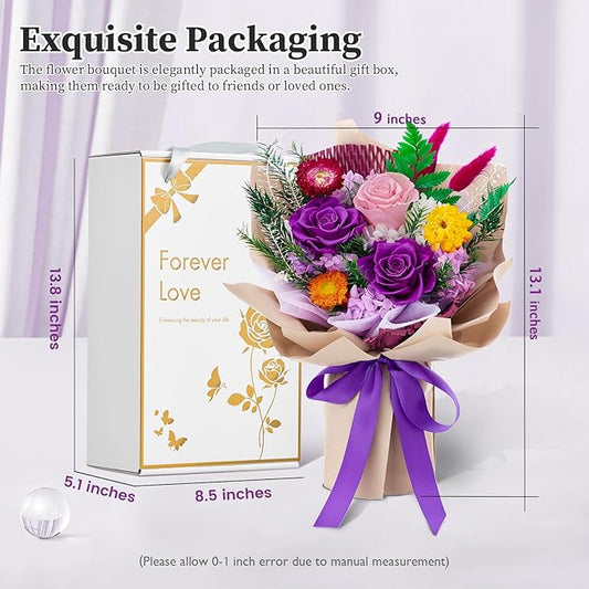 Forever Flowers Gifts for Her, Preserved Flowers Bouquet Birthday Gifts for Women, Preserved Roses for Grandma Wife Anniversary Valentine's Day Mother's Day (Purple Paper)