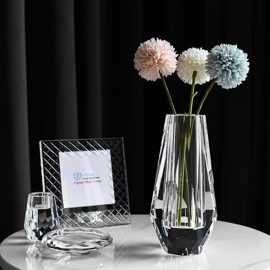 kitCom Modern Crystal Vase, 7 x 4 Inches, Transparent, Oval, Love, Glossy Finish, Arranges Flowers, Handmade, Multi-faceted, Secure Packaging, Half-Year Warranty, Luxury Gift