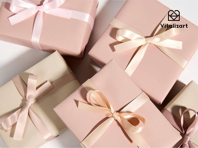 Vitalizart Ribbons for Crafts 3/8" x 50 Yd Satin Ribbon Double Face Gift Wrapping Silk Like Fabric Flower Bouquet Birthday Party Decorations Bridal Shower Wreath Hair Continuous Pink Nude Rose Tan