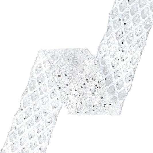 VATIN 2-1/2" Silver Christmas Ribbon, Silver Glitter Mesh Diamond Web Sequin Dots Wired Christmas Ribbon for Gift Wrapping Bow Making Wreath Supply-10 Yards
