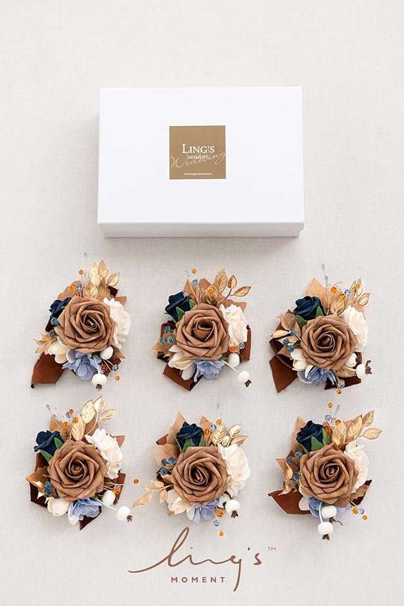 Ling's moment 6pcs Wedding Wrist Corsage Artificial Flowers, Girl/Mother Homecoming Prom Corsages Wristlet Décor, etc. Orange Navy