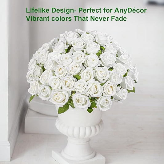Fake Plants Roses Flowers Plastic Flowers Spring Decorations for Home Gifts for Gf Roses Artificial Flowers for Vase Fake Flowers Home Decor 19.6”(50PCS White)