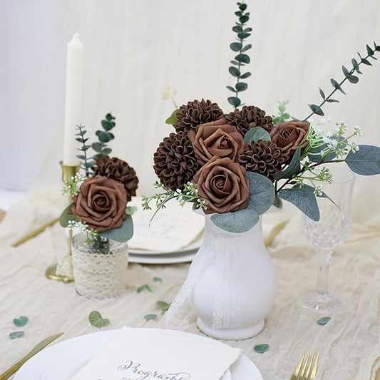Artificial Flowers, 25pcs Brown Artificial Rose for DIY Wedding Bouquets Centerpieces Arrangements, Brown Rose and Dahlia Flowers with Stem for Bridal Shower Party Home Decorations