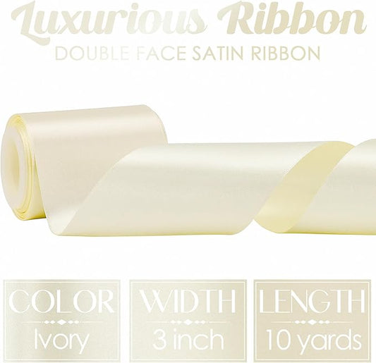 MEEDEE Ivory Satin 3 Inch Ribbon Lux Double Faced Satin Ribbon Wide by 10 Yards Cream Ribbons Ivory Ribbons for Christmas Tree Decoration, Weddings, Flower Bouquet, Bow Making