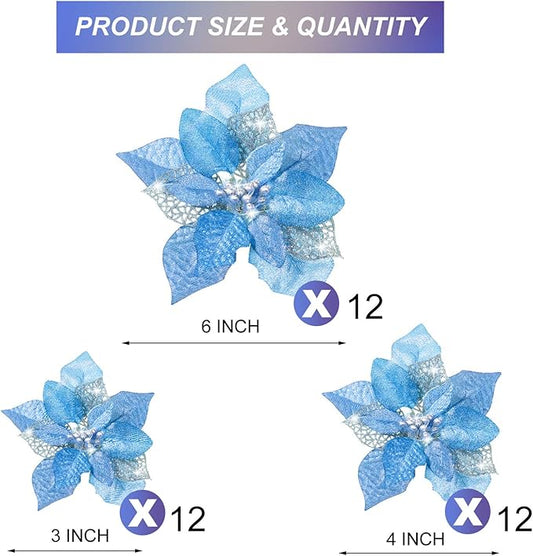 WILLBOND 36 Pieces Christmas Poinsettia Glitter Faux Flowers Christmas Artificial Flowers Tree Ornaments Topper Xmas Decorations(Blue)
