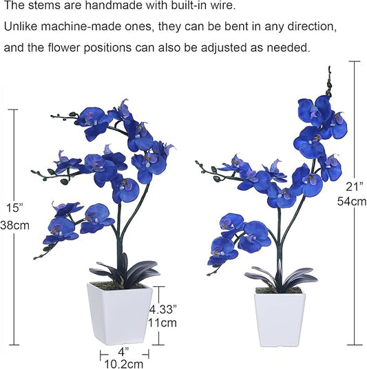 15" Tall Artificial Silk Phalaenopsis Orchid Flower Plant Pot Arrangements (Navy Blue)
