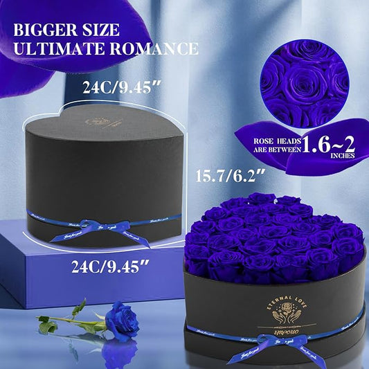 Preserved Rose in Heart Shape Box, 27 Forever Flowers, Eternal Roses, Birthday Gifts for Women, Wife, Her, Mother's Day, Blue