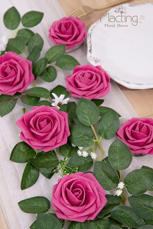 MACTING 30PCS Artificial Flower Roses, Real Touch Fake Flowers with Stems, Foam Roses for Wedding Bouquet Party Centerpieces Baby Shower Home Decorations (Hot Pink)