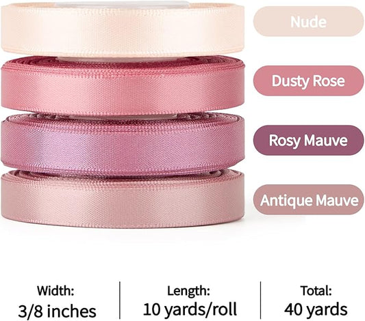 3/8 Inch Dusty Rose Satin Ribbon, 4 Rolls Total 40 Yards, Double Faced Mixed Rose Thin Fabric Ribbon for Gift Wrapping, Flower Bouquets, Crafts, Wedding Decorations