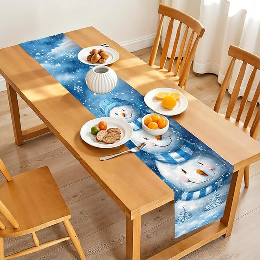 Christmas Snowman Table Runner for Dining Table, Winter Holiday Party Decor, Blue Snowflake Printed Long Tablecloth Runner for Kitchen, Christmas Dinner, Home Decoration, Holiday Table Setting