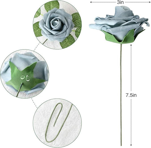 AmyHomie Artificial Flower Dusty Blue Shades Rose 25pcs Real Looking Fake Roses w/Stem for DIY Wedding Bouquets Centerpieces Arrangements Party Baby Shower Valentines Day Christmas Tree Decorations