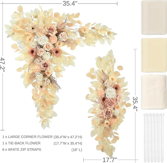 Wedding Arch Flowers Kit Pack of 5,2pcs Boho Artificial Floral Swag Arrangement and 3pcs Fabric Drap for Wedding Flower Arch Decor Ceremony Arbor Reception (Beige)