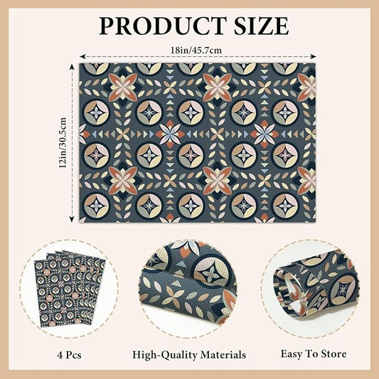 Cotton Linen Waterproof Placemats Set of 4, Boho Bohemia Dining Mat Table Mats Decor Fabric for Kitchen Dinner Coffee Shop Table, Indoor/Outdoor Washable Wipeable Place Mat -N017