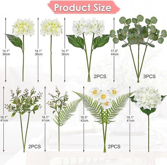 Hydrangea artificial Flowers 12PCS White Faux Flowers Fake Hydrangea Daisies Silk Arrangements Long Stems Realistic Fake Flowers for Vase Floral Centerpiece Wedding Bridal Bouquet Party Home Decor